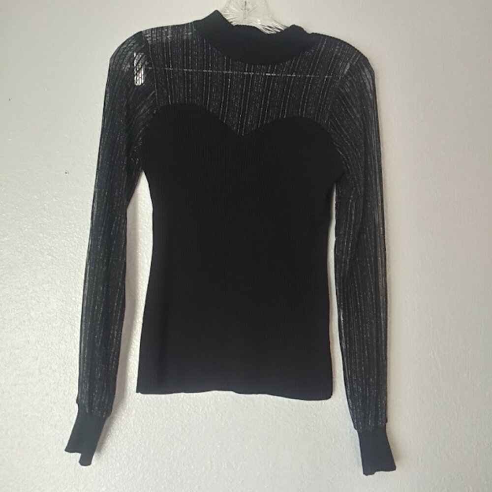 Absolutely Famous women's size S black and silver metallic long sleeve blouse
